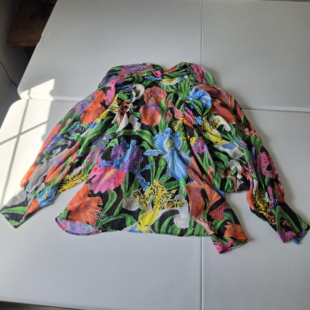 Iris Apfel x H&M Blouse Women XL Multicolor Tie Bow Balloon Sleeve Floral Print